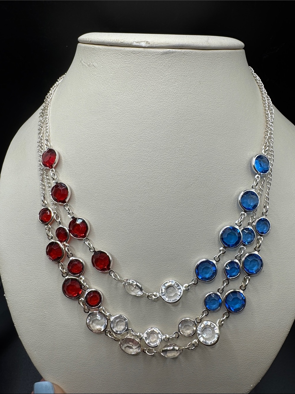 Red White Blue Swarovski Crystal Statement Necklace - USA 18 inches